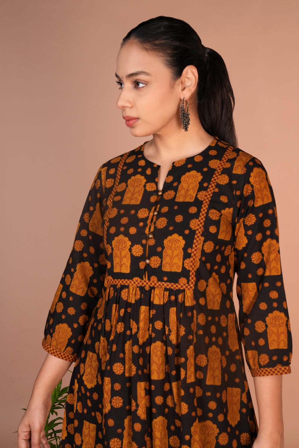 Black with mustard Bagh handblock printed cotton dress