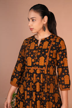 Image of Black with mustard Bagh handblock printed cotton dress