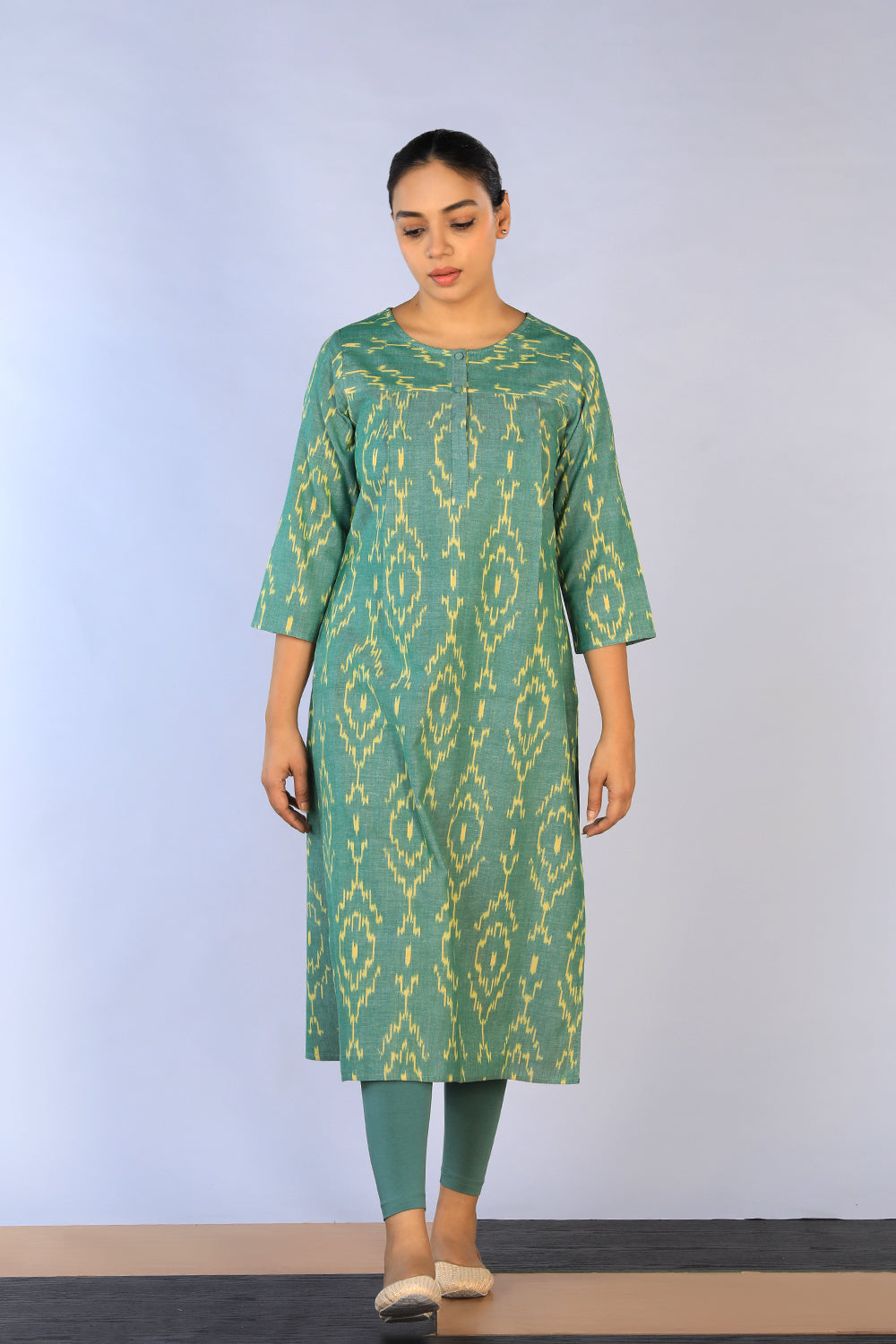 Collection of Handwoven cotton Pochampally Ikat kurti in a gallery layout