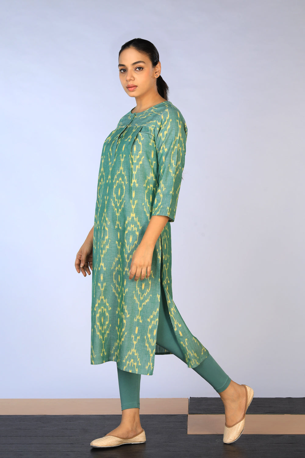 Collection of Handwoven cotton Pochampally Ikat kurti in a gallery layout