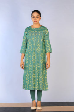 Collection of Handwoven cotton Pochampally Ikat kurti in a gallery layout