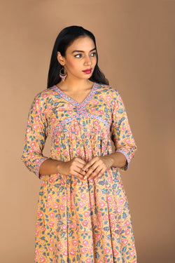 Collection of Floral Sanganeri hand block printed cotton Kurta in a gallery layout