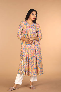 Collection of Floral Sanganeri hand block printed cotton Kurta in a gallery layout