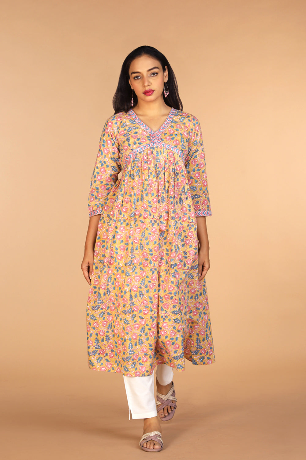 Collection of Floral Sanganeri hand block printed cotton Kurta in a gallery layout