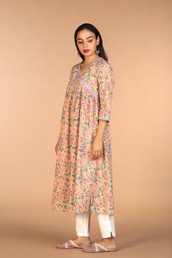 Collection of Floral Sanganeri hand block printed cotton Kurta in a gallery layout