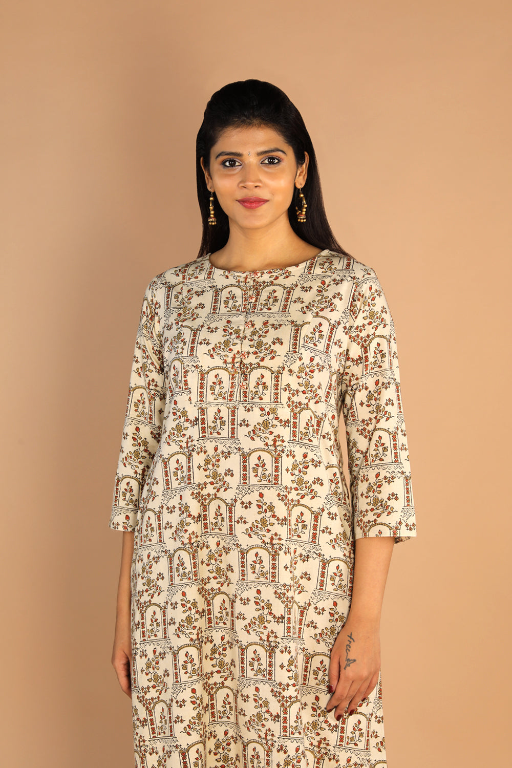 Collection of Ajrakh A -line kurti in a gallery layout