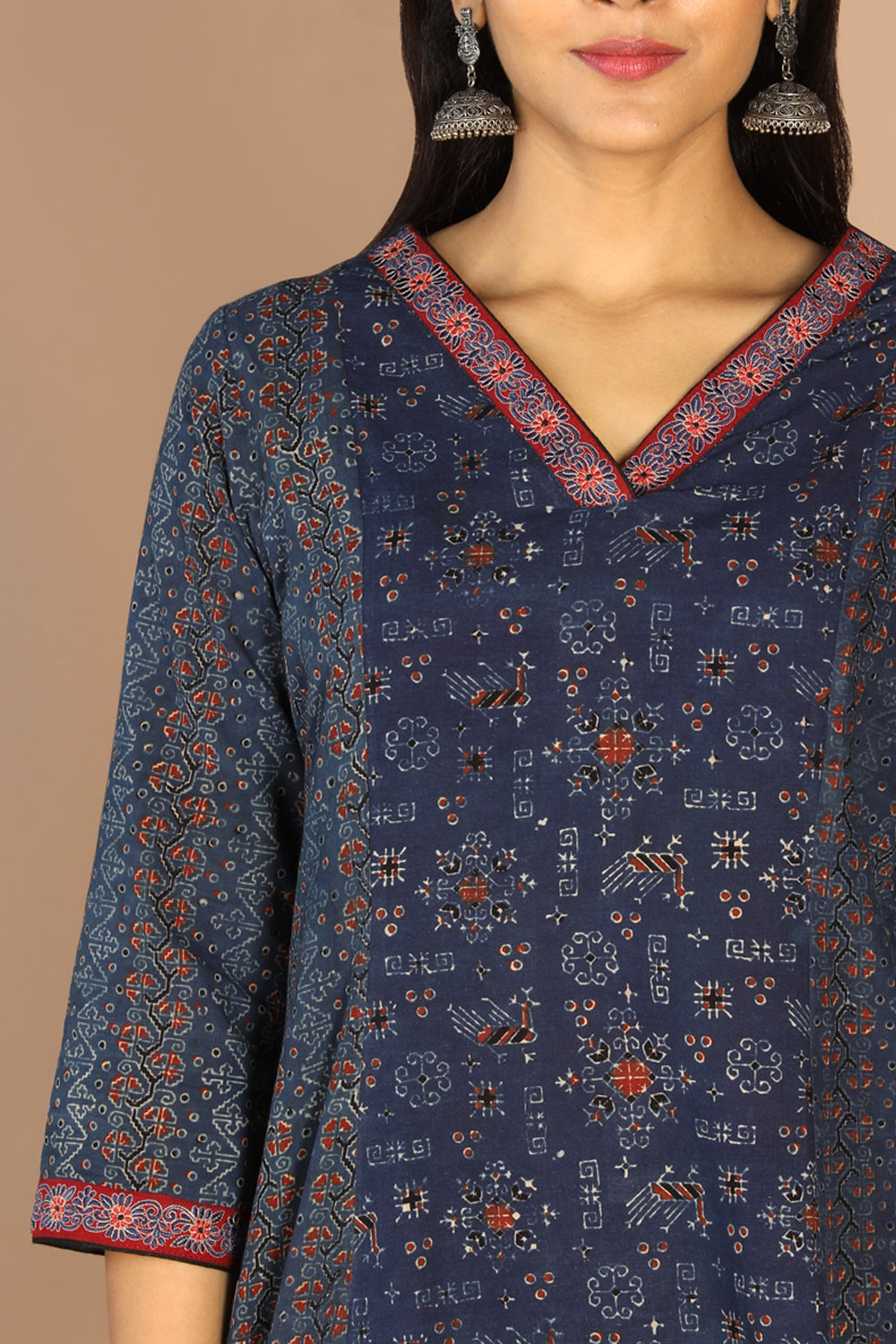 Collection of Indigo Ajrak handblock printed cotton kurta , pants and dupatta set in a gallery layout