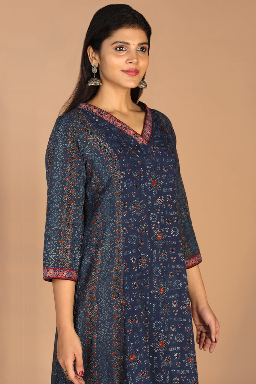 Collection of Indigo Ajrak handblock printed cotton kurta , pants and dupatta set in a gallery layout