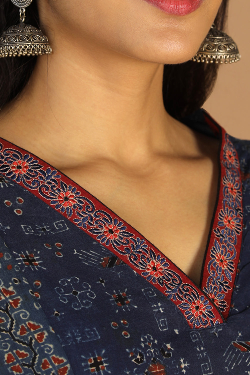 Collection of Indigo Ajrak handblock printed cotton kurta , pants and dupatta set in a gallery layout