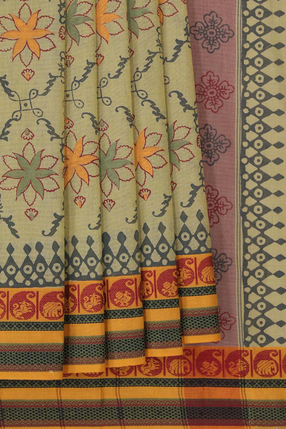 Hand block printed cotton saree