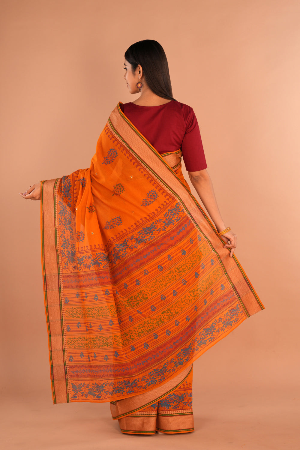 Image of Deep Orange Mirror Embroidery Blockprinted Cotton Saree