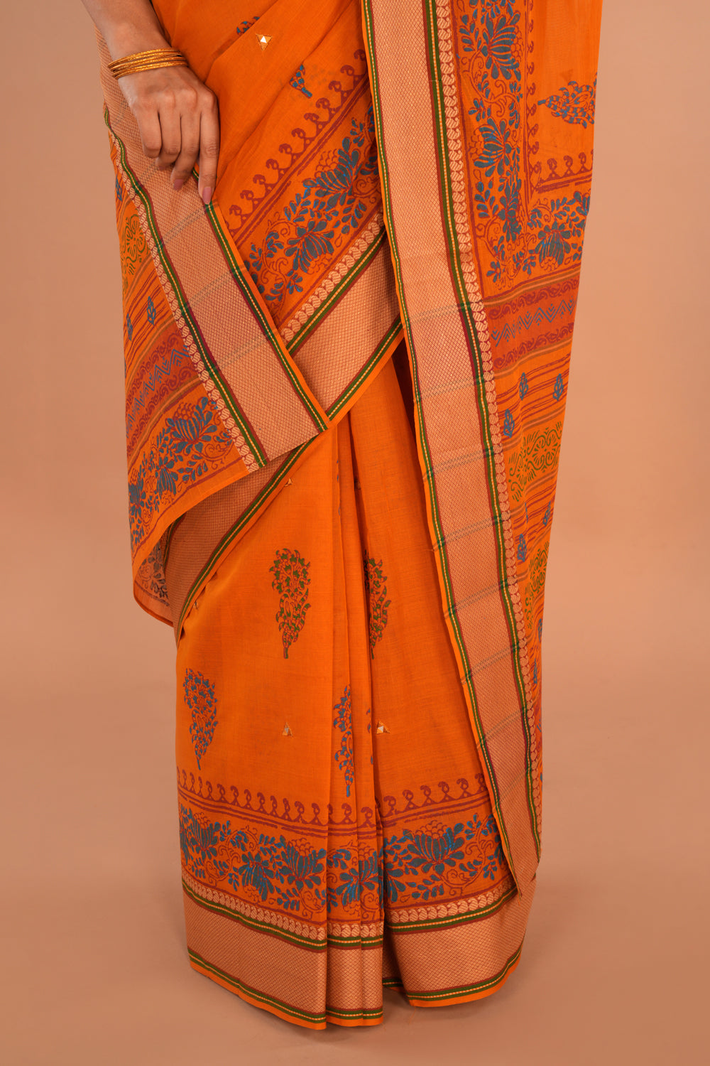 Image of Deep Orange Mirror Embroidery Blockprinted Cotton Saree