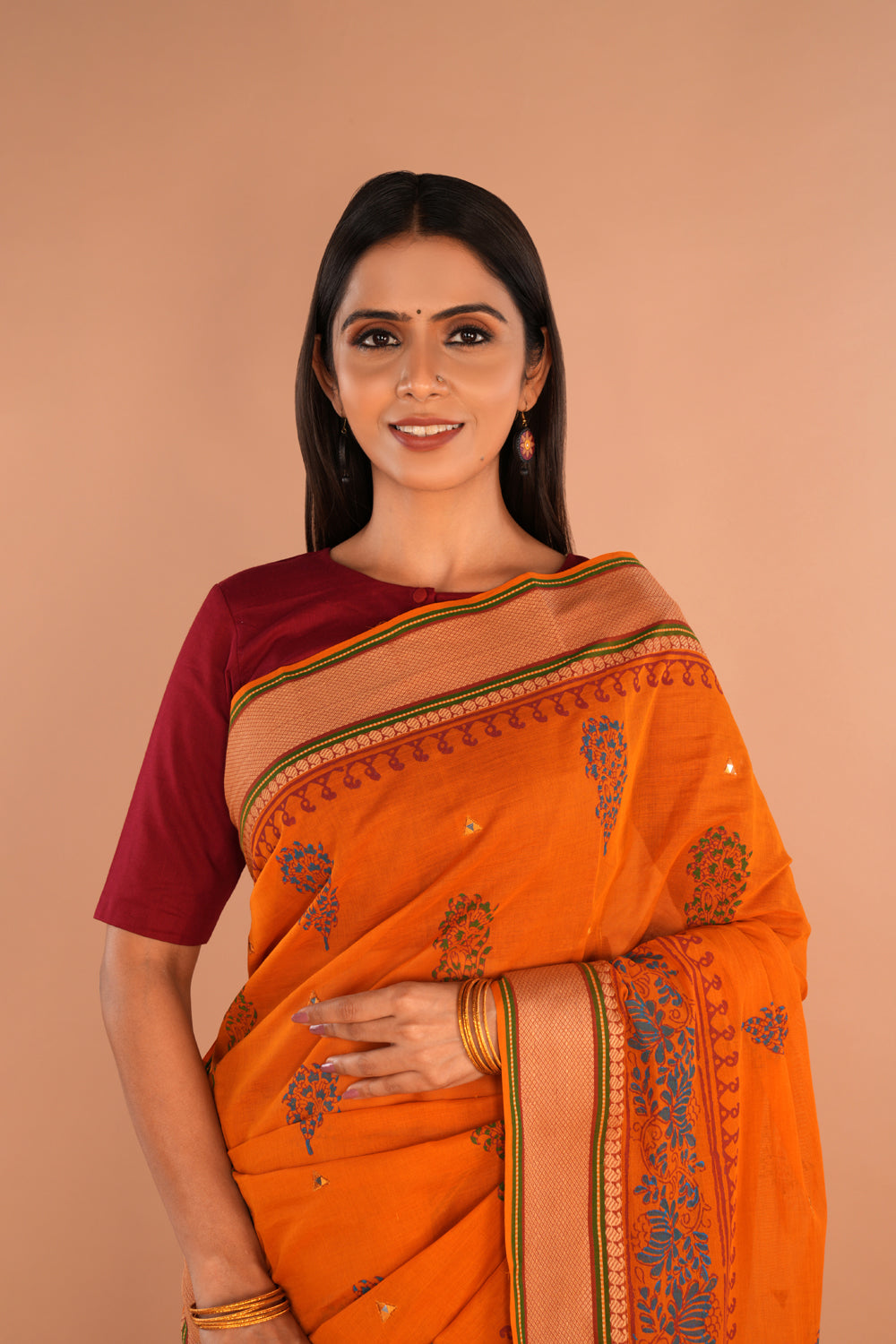 Image of Deep Orange Mirror Embroidery Blockprinted Cotton Saree