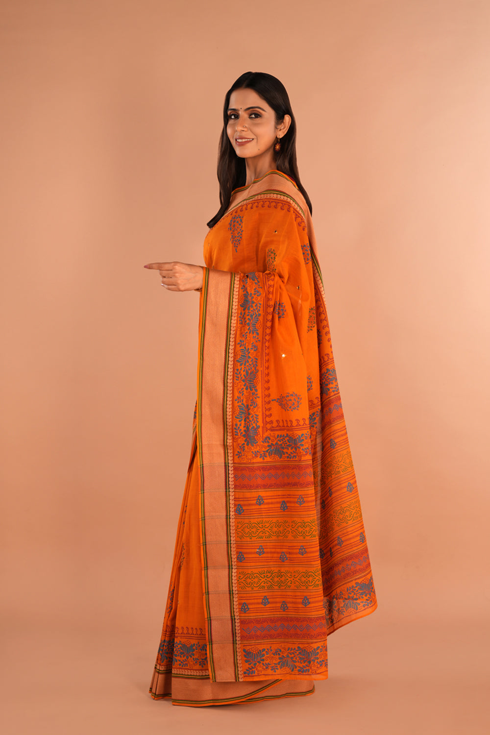 Image of Deep Orange Mirror Embroidery Blockprinted Cotton Saree