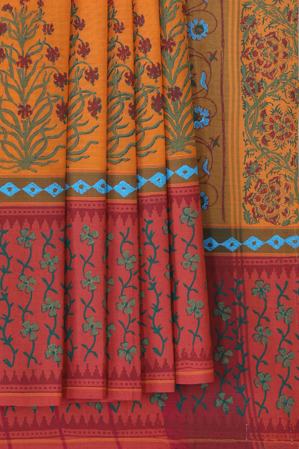 Image of Mustard Orange Hand block printed cotton saree