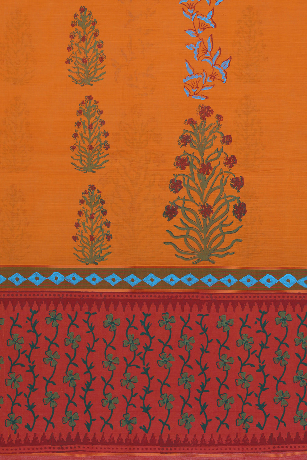 Image of Mustard Orange Hand block printed cotton saree