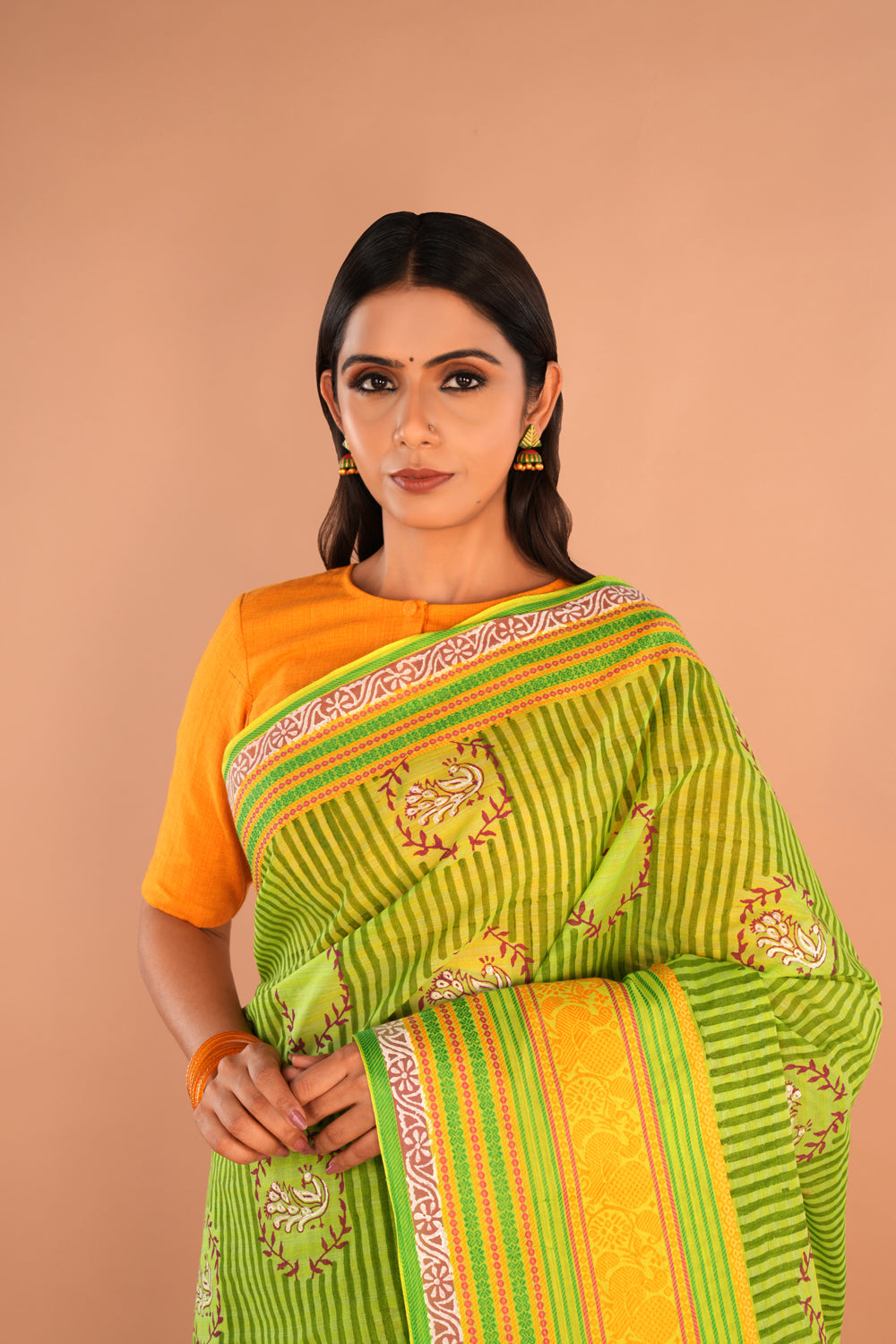 Image of Leaf Green Striped Hand Block Printed Cotton Saree