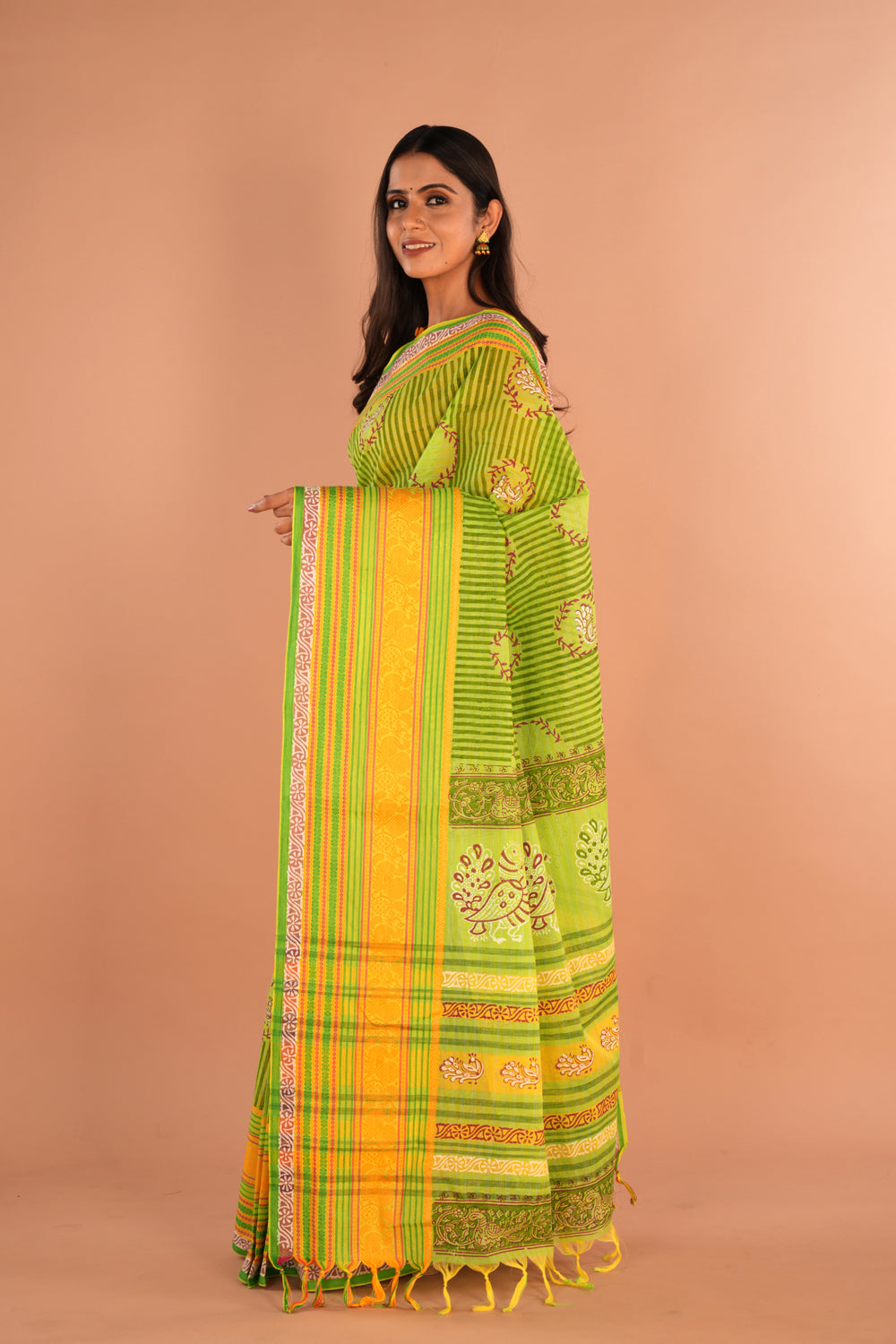 Image of Leaf Green Striped Hand Block Printed Cotton Saree