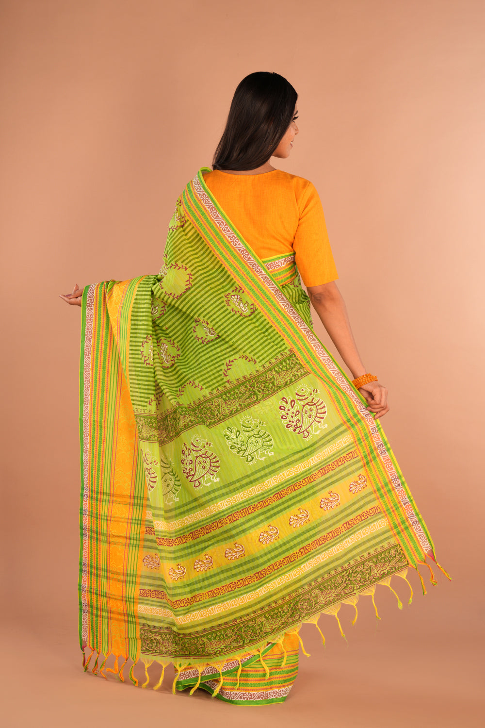 Image of Leaf Green Striped Hand Block Printed Cotton Saree