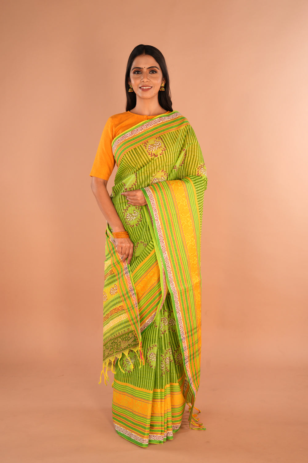 Image of Leaf Green Striped Hand Block Printed Cotton Saree