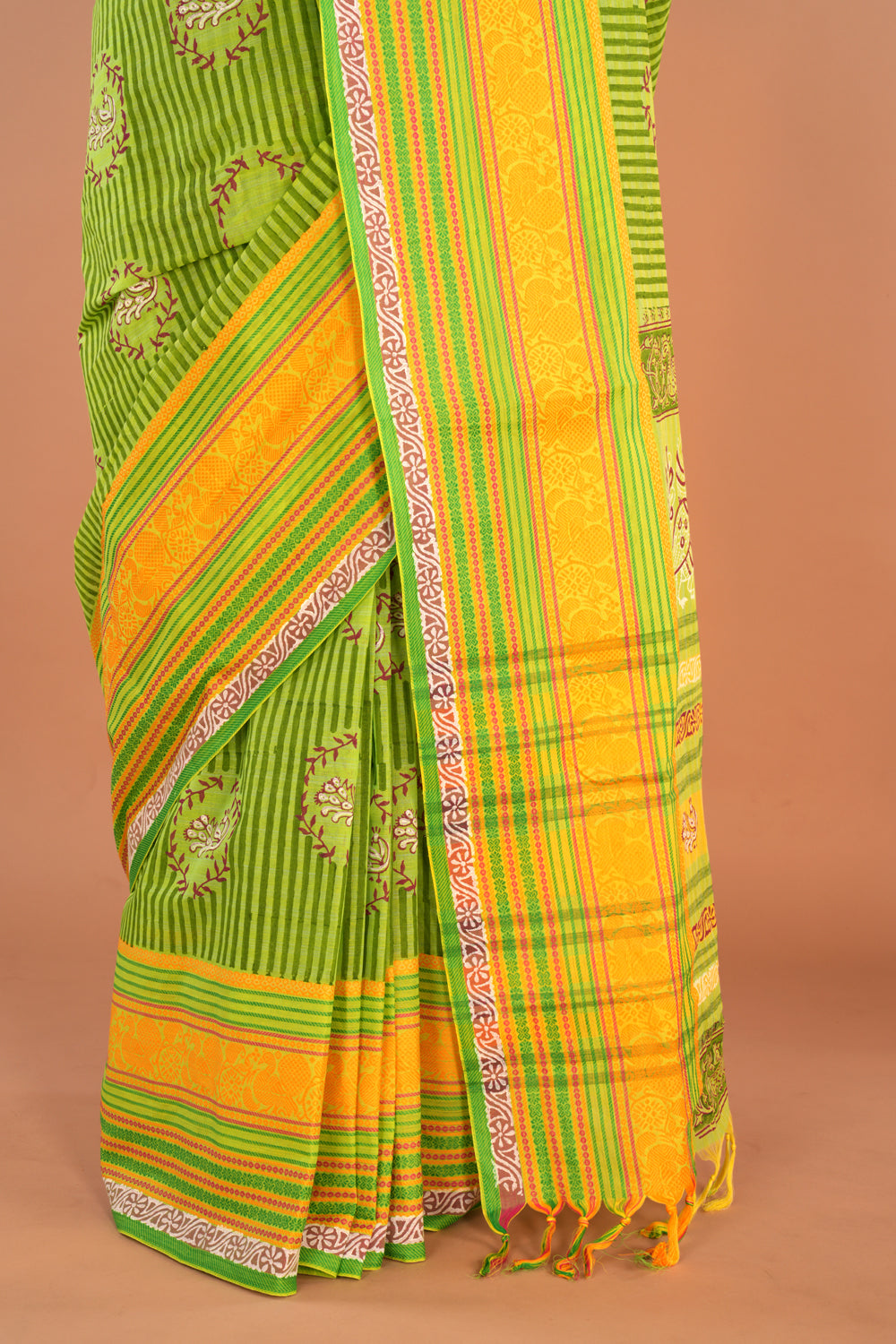 Image of Leaf Green Striped Hand Block Printed Cotton Saree