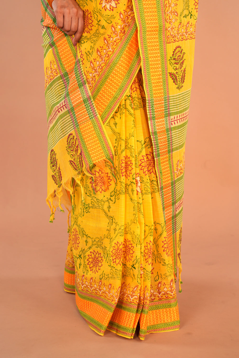 Image of Yellow Floral Hand Block Printed Cotton Saree