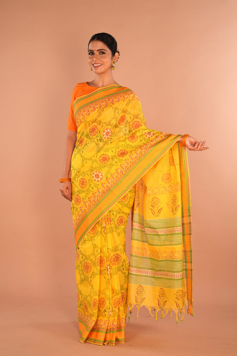 Image of Yellow Floral Hand Block Printed Cotton Saree