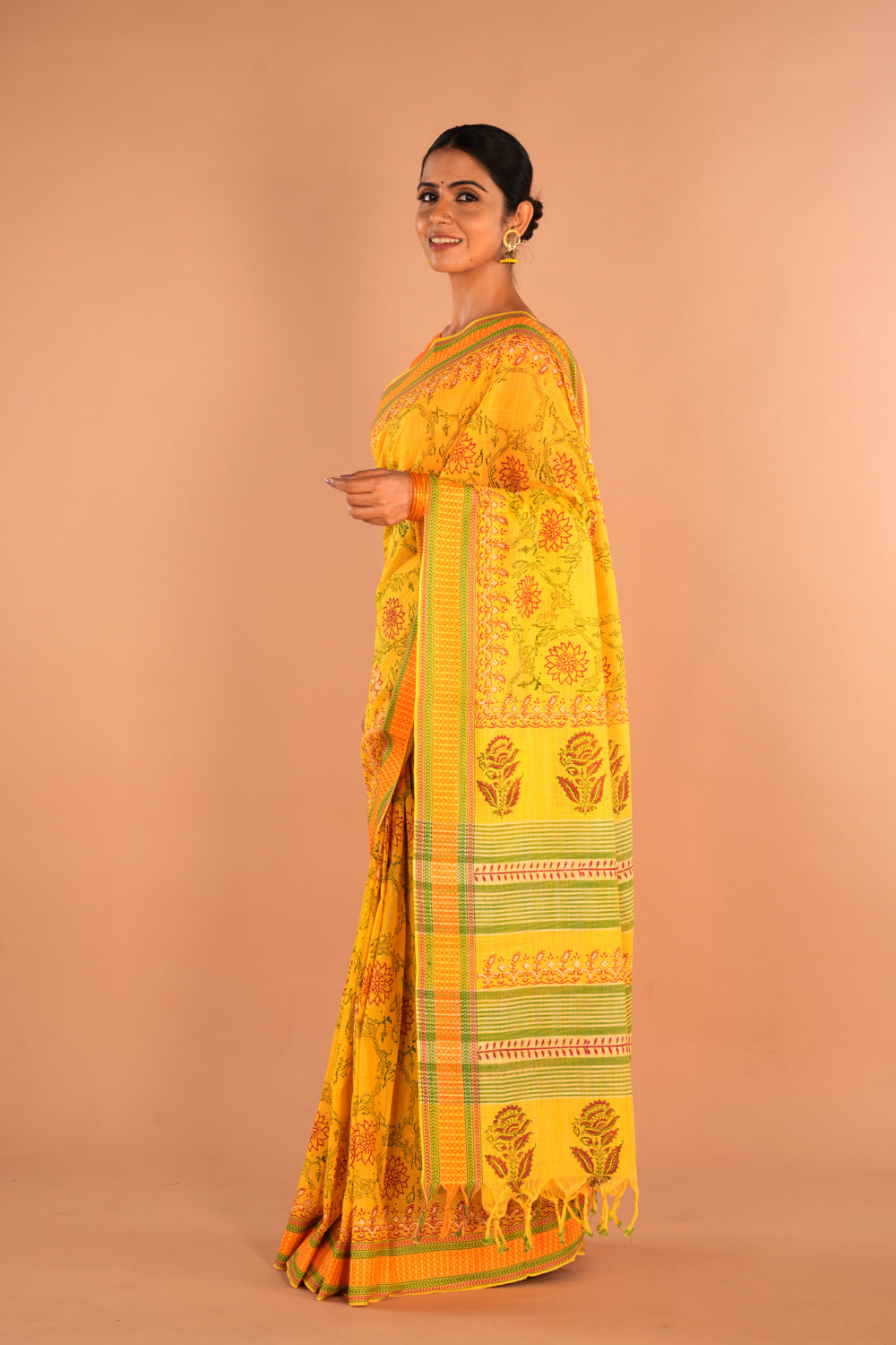 Image of Yellow Floral Hand Block Printed Cotton Saree