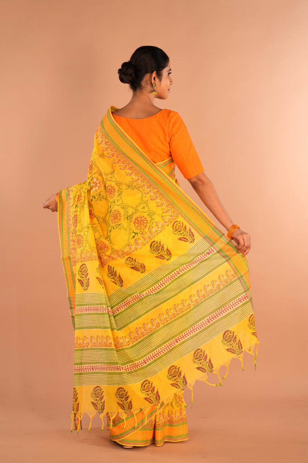 Image of Yellow Floral Hand Block Printed Cotton Saree