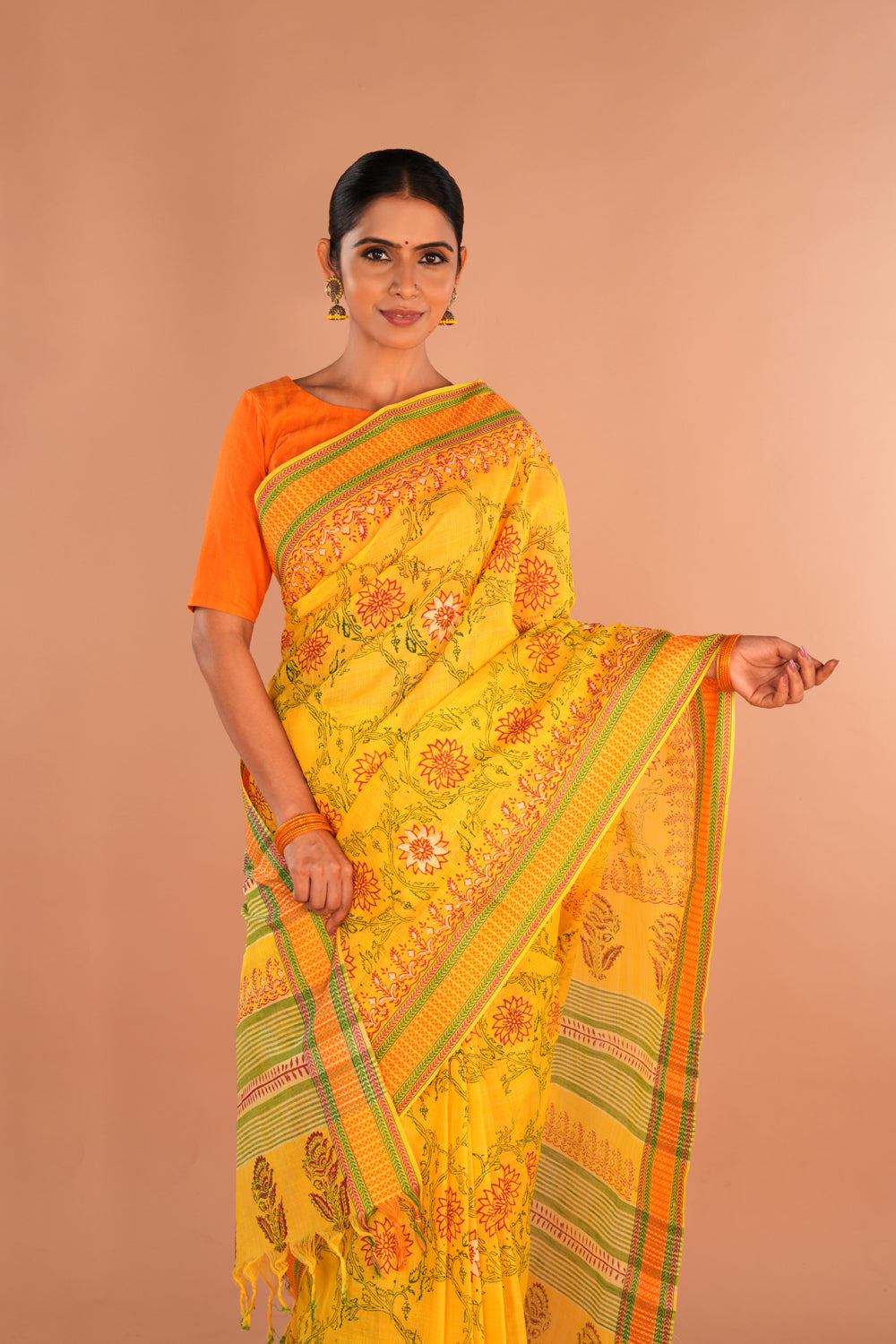 Image of Yellow Floral Hand Block Printed Cotton Saree