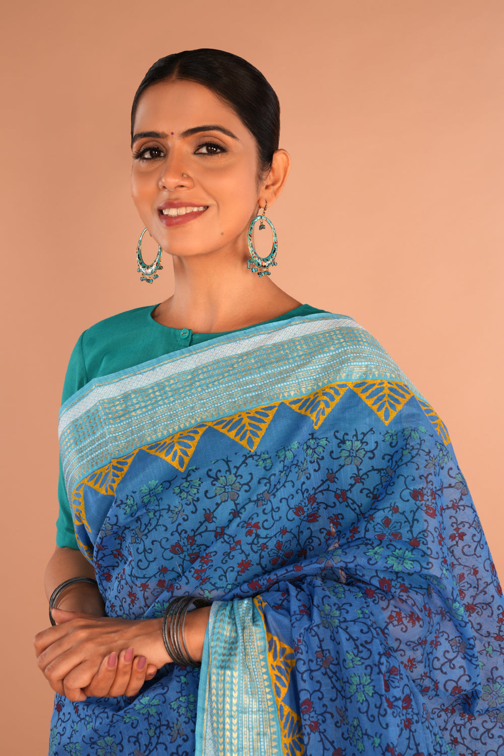 Image of Ocean Blue Floral Hand Block Printed Saree