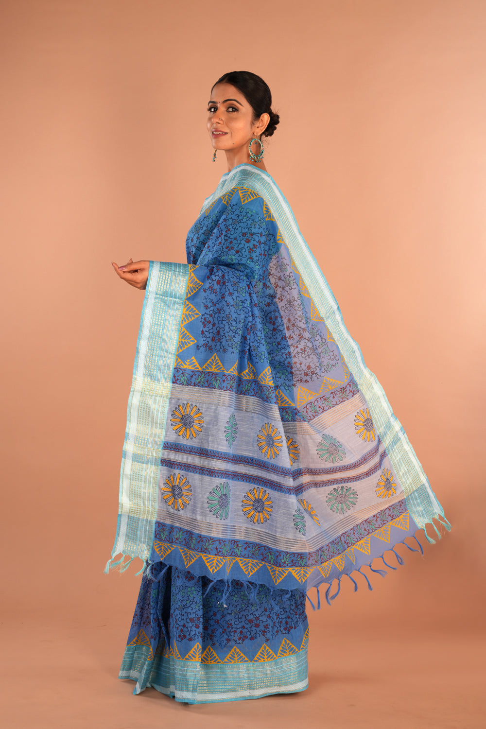 Image of Ocean Blue Floral Hand Block Printed Saree