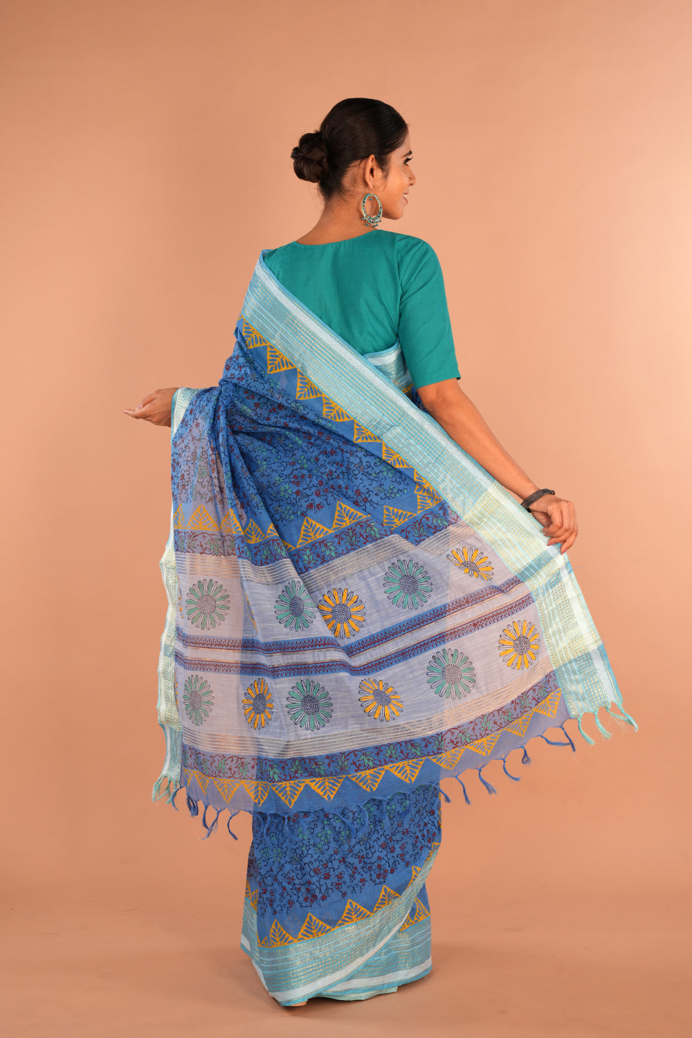 Image of Ocean Blue Floral Hand Block Printed Saree