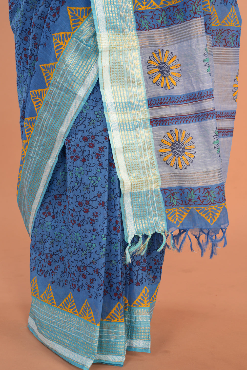 Image of Ocean Blue Floral Hand Block Printed Saree