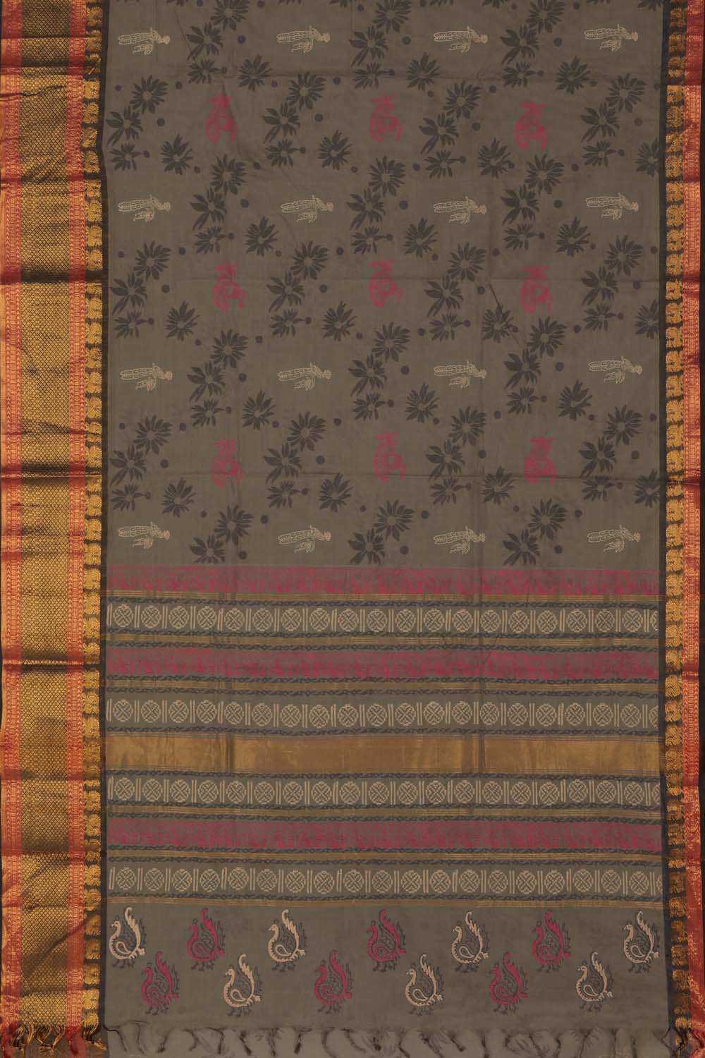 Image of Olive Green Abstract Flower Motif Hand Block Printed South Cotton Saree