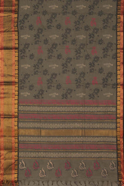 Image of Olive green hand block printed south cotton saree