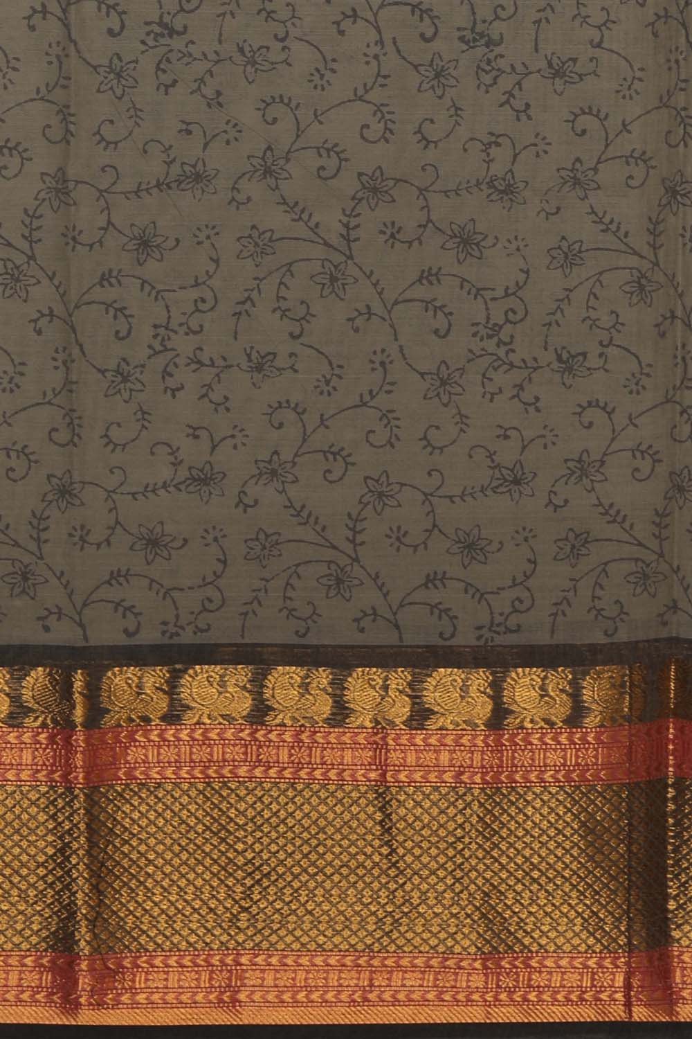Image of Olive Green Abstract Flower Motif Hand Block Printed South Cotton Saree