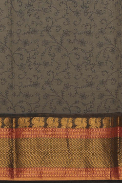 Image of Olive green hand block printed south cotton saree
