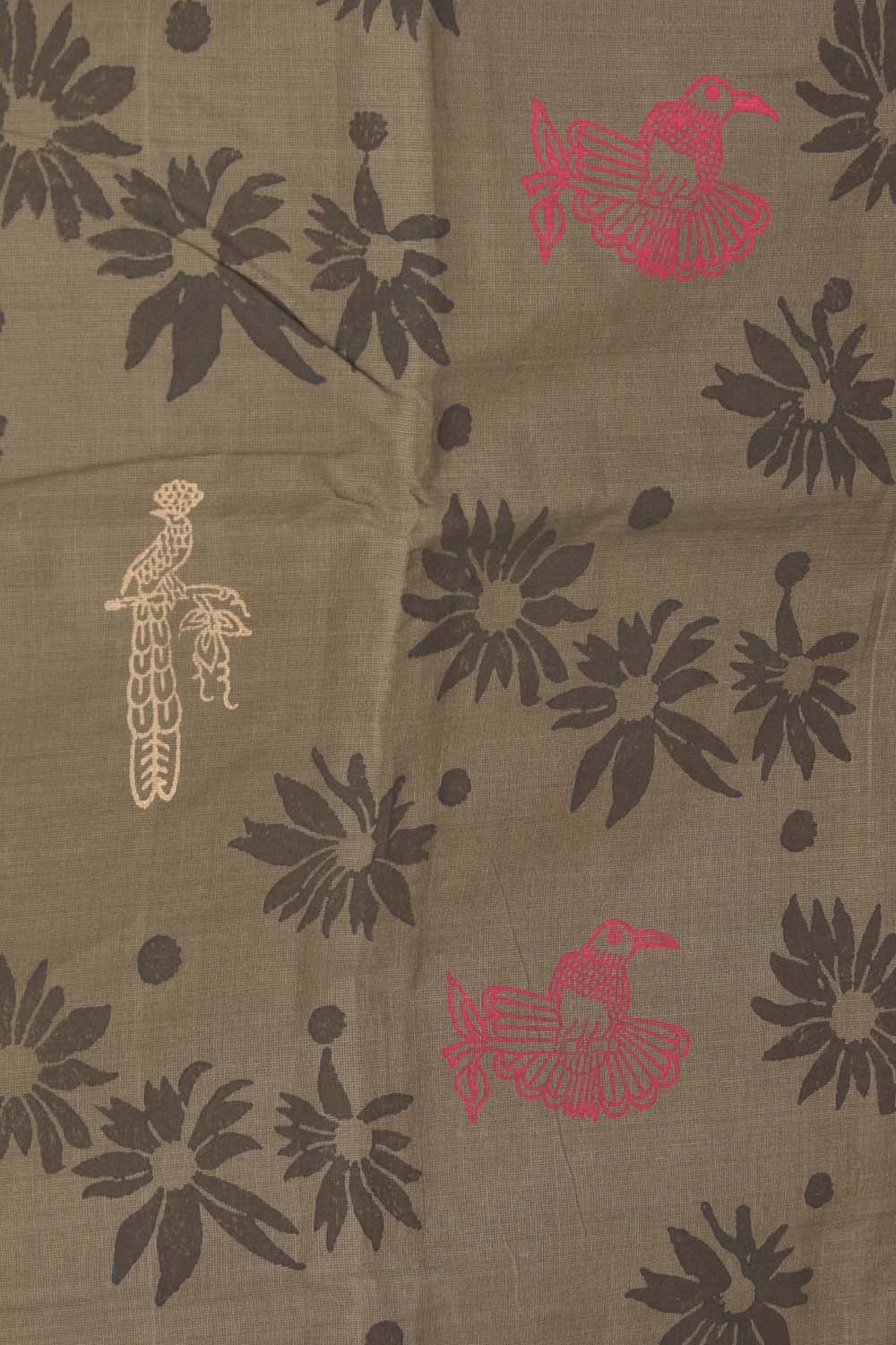 Image of Olive Green Abstract Flower Motif Hand Block Printed South Cotton Saree