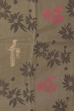 Image of Olive green hand block printed south cotton saree