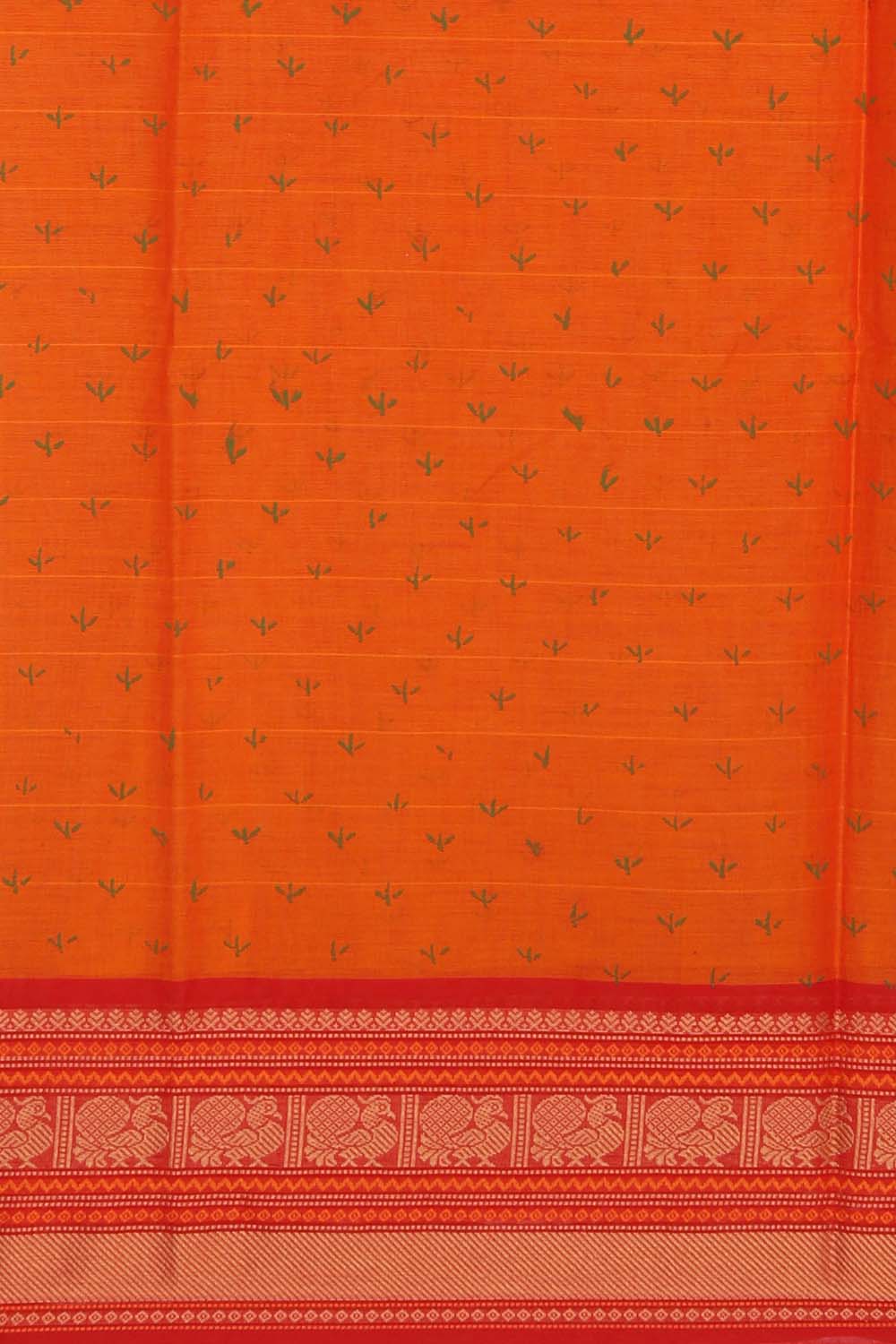 Tangerine orange hand block printed cotton saree