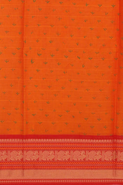 Image of Tangerine orange hand block printed cotton saree