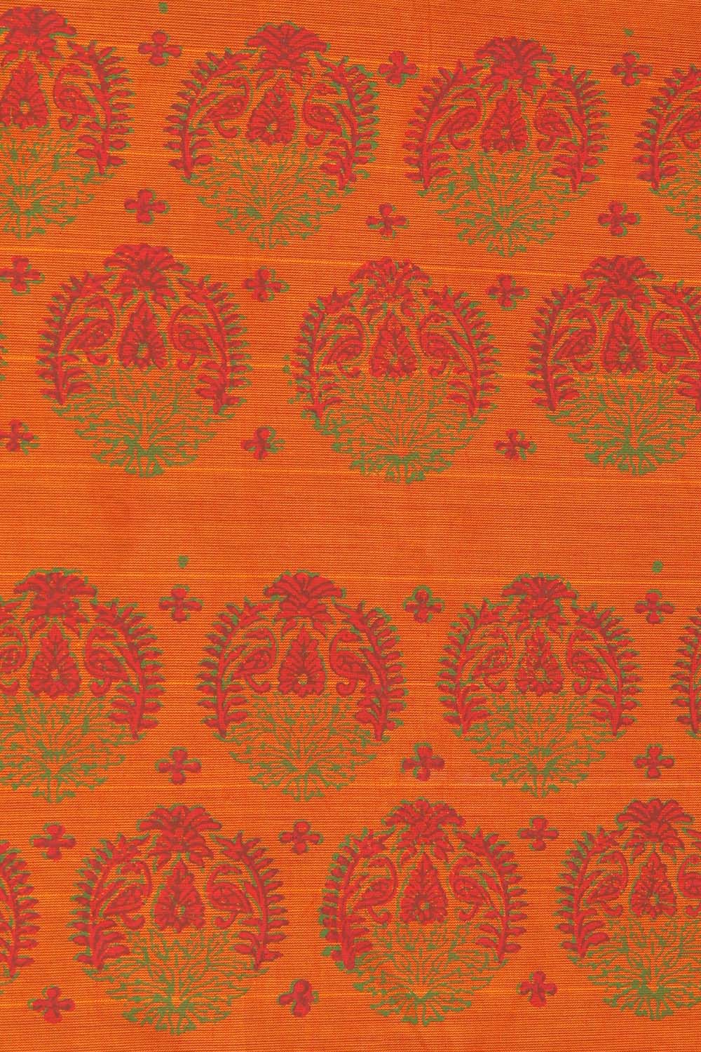 Tangerine orange hand block printed cotton saree