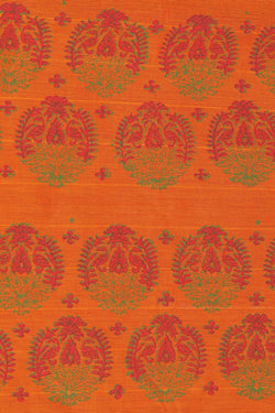 Image of Tangerine orange hand block printed cotton saree