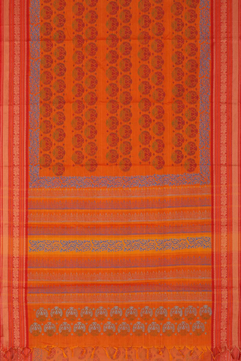 Image of Tangerine Orange Hand Block Printed Cotton Saree