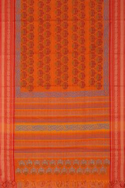 Image of Tangerine orange hand block printed cotton saree