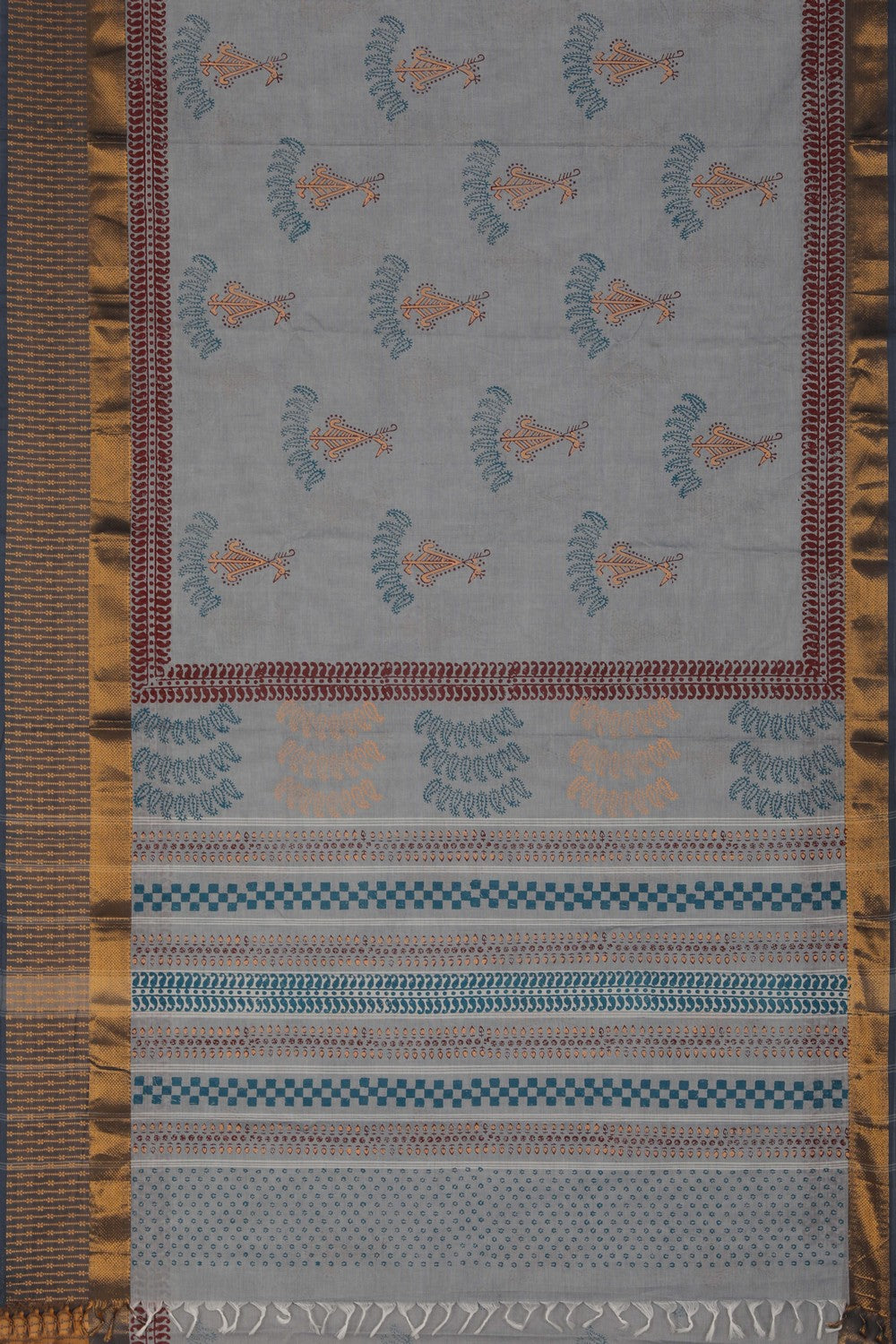 Image of Grey Buta Handblock Printed Saree