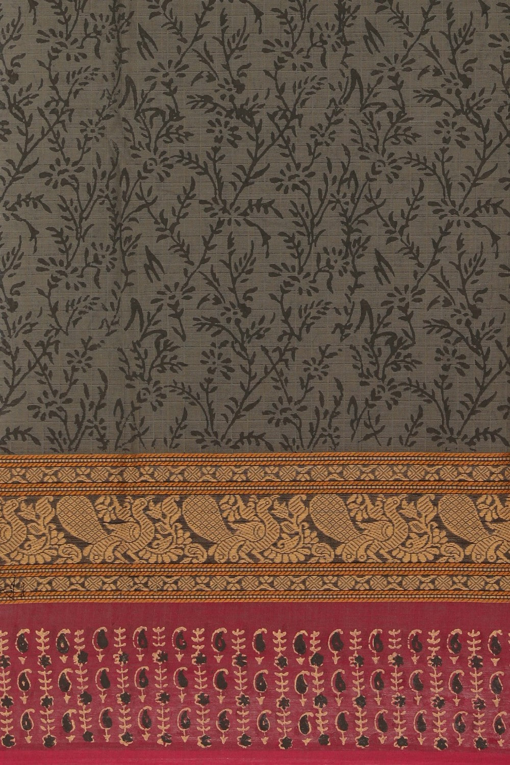 Image of Greenish Grey Handblock Printed Saree