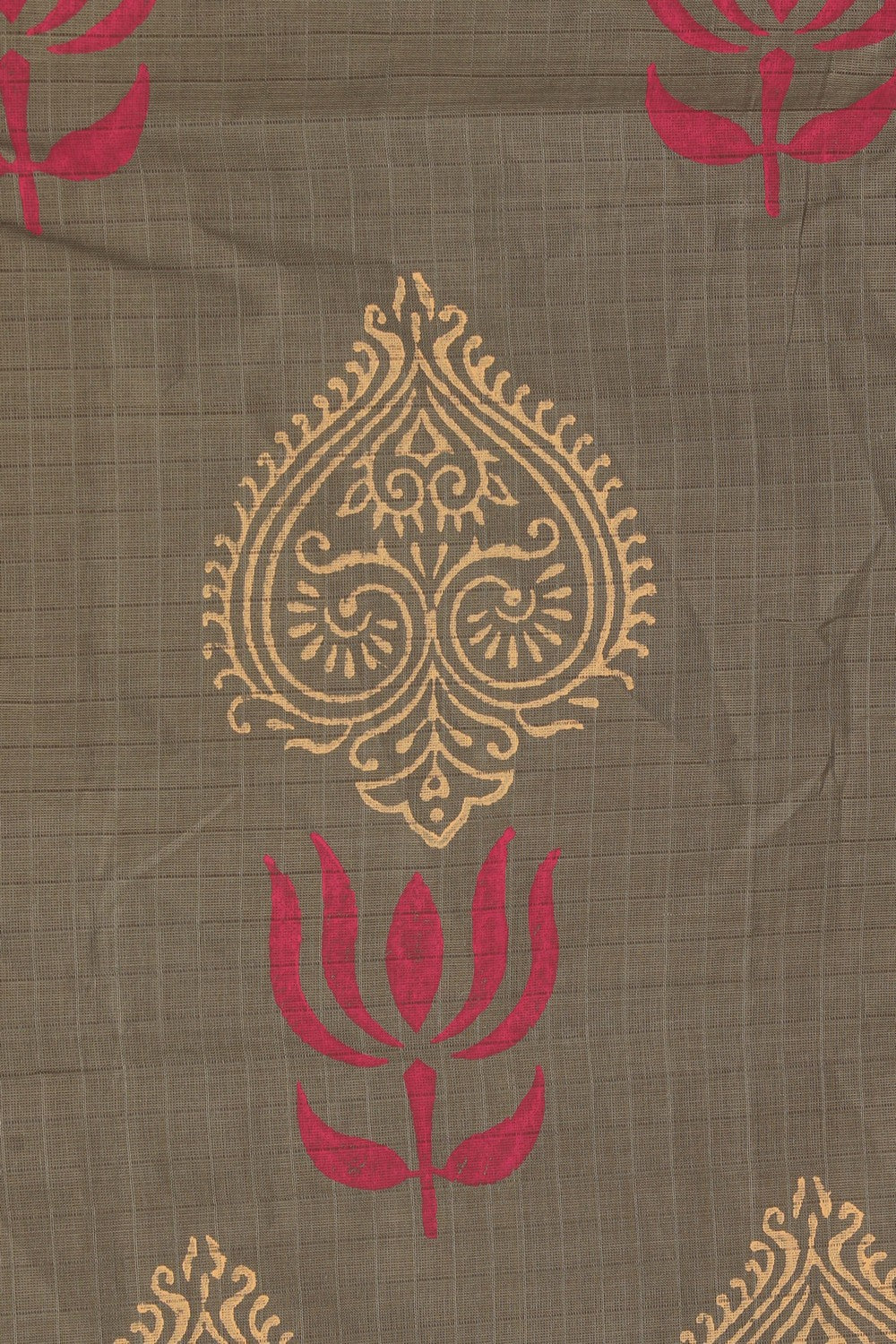 Image of Greenish Grey Handblock Printed Saree