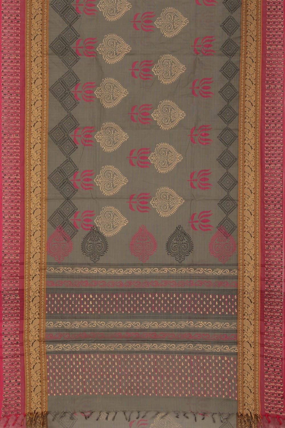 Image of Greenish Grey Handblock Printed Saree